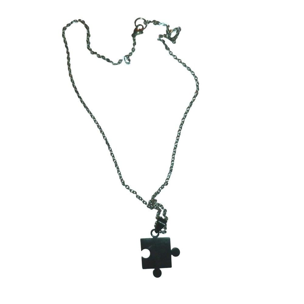 Black Puzzle Piece Pendant Necklace Silver Tone Cable Chain Minimalist Jewelry